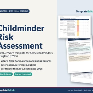 Plantilla de evaluación de riesgos para cuidadores de niños en Inglaterra, EYFS 2026, cuidado infantil a domicilio, salidas, sueño seguro, alimentación segura, Word editable