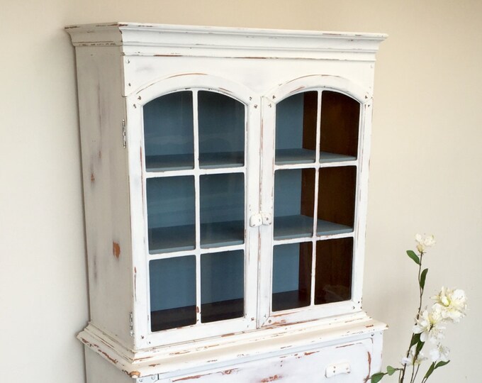White Vintage Hutch, Small Rustic Hutch, Blue and White Kitchen China ...