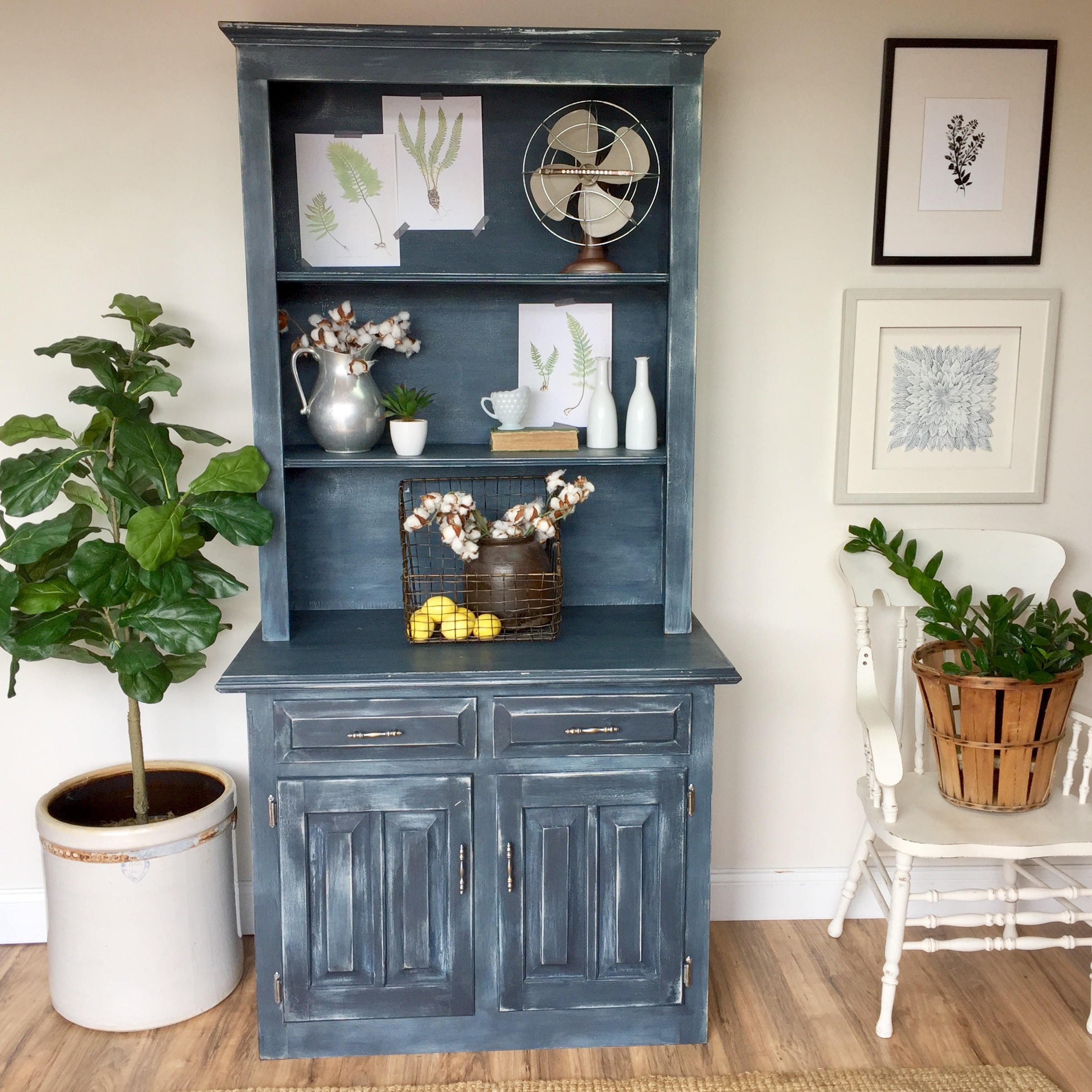 Blue Farmhouse Hutch Rustic Pantry Cupboard Vintage Dining 1