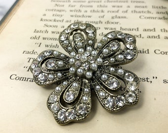 Large Flower Brooch - Pearl and Rhinestone - Costume Jewelry