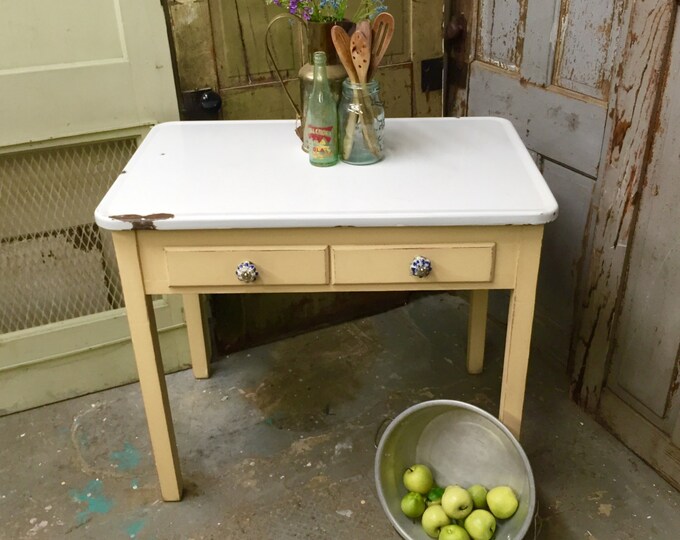 Yellow Enamel Top Table, Small Vintage Farmhouse Kitchen Table With Two