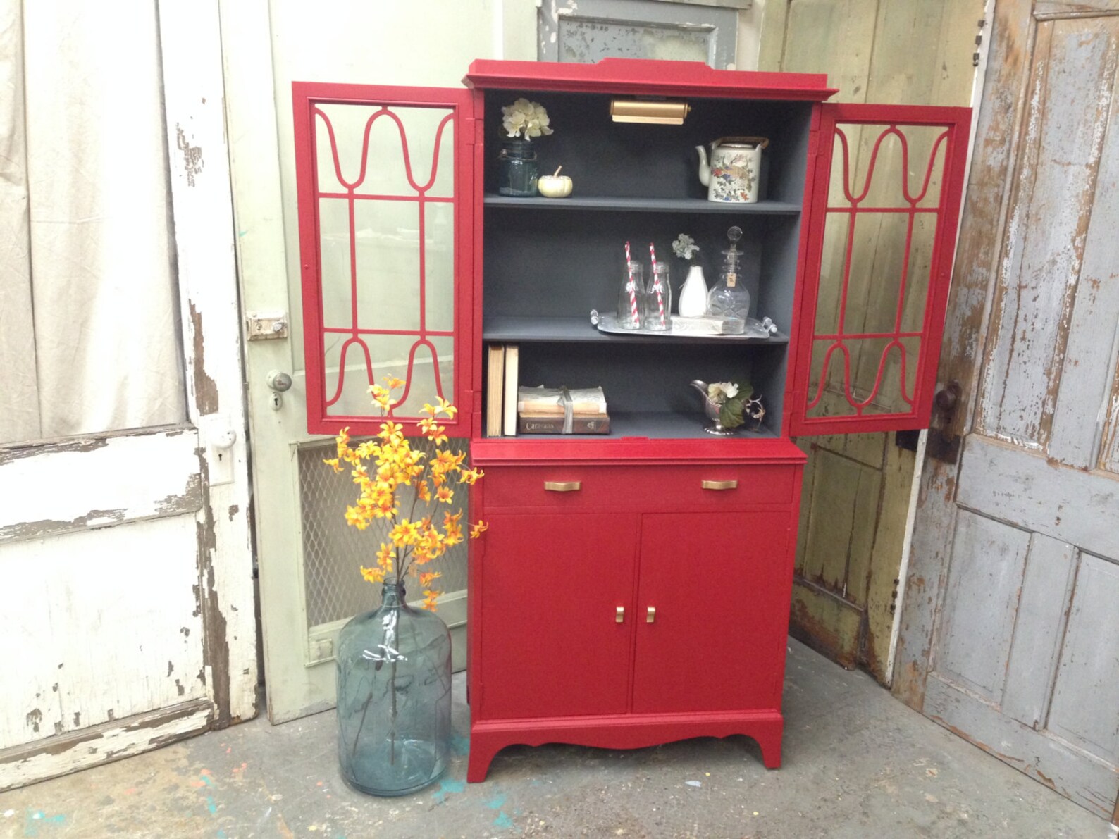 Small China Antique China Hutch Red Hutch Etsy