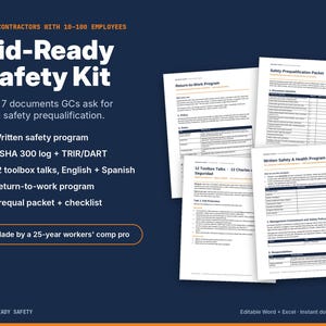 Construction Safety Program Template Kit | OSHA 300 Log Excel | Toolbox Talks English Spanish | Contractor Prequalification | Return to Work