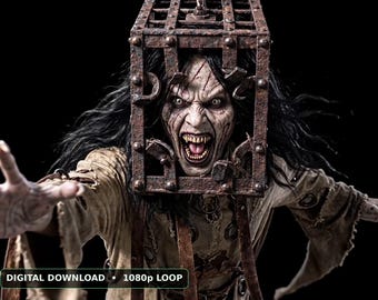 Film z projekcją na Halloween w Caged Asylum Ghoul Jump Scare, pętla projektora okiennego, przerażające dekoracje na Halloween, cyfrowe pobieranie 1080p