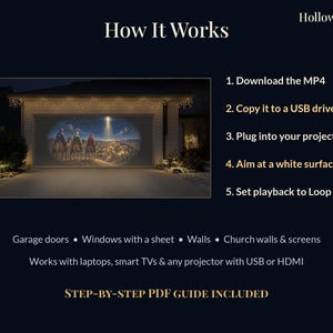May include: A digital projection guide by HollowlightFX titled How It Works, featuring a nativity scene projected onto a garage door. The text lists five steps for setup, compatible surfaces like garage doors and walls, and device requirements.