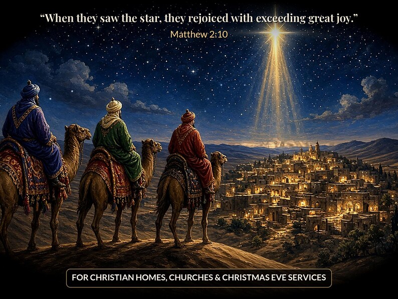 May include: A digital illustration of three figures riding camels toward a glowing star above a desert town. Text reads: "When they saw the star, they rejoiced with exceeding great joy." Matthew 2:10. "FOR CHRISTIAN HOMES, CHURCHES & CHRISTMAS EVE SERVICES."