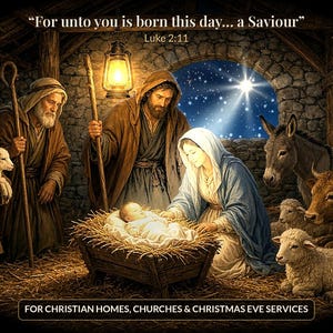 May include: A nativity scene illustration featuring the infant Jesus in a manger, Mary, Joseph, a shepherd with a lamb, a donkey, an ox, and sheep. The text reads: "For unto you is born this day... a Saviour" Luke 2:11 and "FOR CHRISTIAN HOMES, CHURCHES & CHRISTMAS EVE SERVICES".