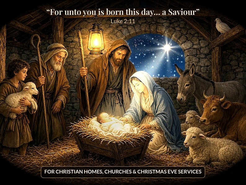 May include: A nativity scene illustration featuring the infant Jesus in a manger, Mary, Joseph, a shepherd with a lamb, a donkey, an ox, and sheep. The text reads: "For unto you is born this day... a Saviour" Luke 2:11 and "FOR CHRISTIAN HOMES, CHURCHES & CHRISTMAS EVE SERVICES".