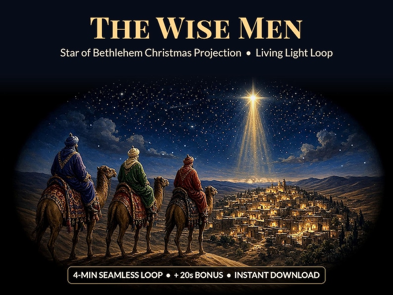 May include: A digital projection titled THE WISE MEN Star of Bethlehem Christmas Projection Living Light Loop featuring three figures on camels overlooking a glowing city under a bright star. Includes 4-MIN SEAMLESS LOOP + 20s BONUS INSTANT DOWNLOAD text.