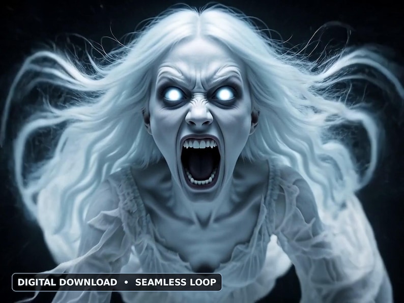 Wailing Banshee Halloween Projection Video, Screaming Ghost Woman Jump Scare, Window Projector Loop, Scary Halloween Decor, HD Download Bild 1