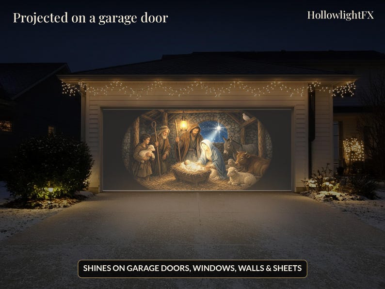 May include: A projector display showing a nativity scene on a garage door with the text Projected on a garage door, HollowlightFX, and SHINES ON GARAGE DOORS, WINDOWS, WALLS & SHEETS. The oval image depicts figures in a stable setting.