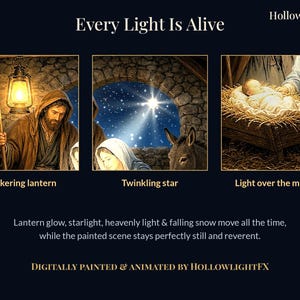 May include: A digital artwork titled Every Light Is Alive by HollowlightFX featuring three panels: a man with a flickering lantern, a woman and donkey under a twinkling star, and a baby in a manger with light over the manger.