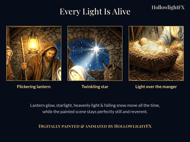May include: A digital artwork titled Every Light Is Alive by HollowlightFX featuring three panels: a man with a flickering lantern, a woman and donkey under a twinkling star, and a baby in a manger with light over the manger.