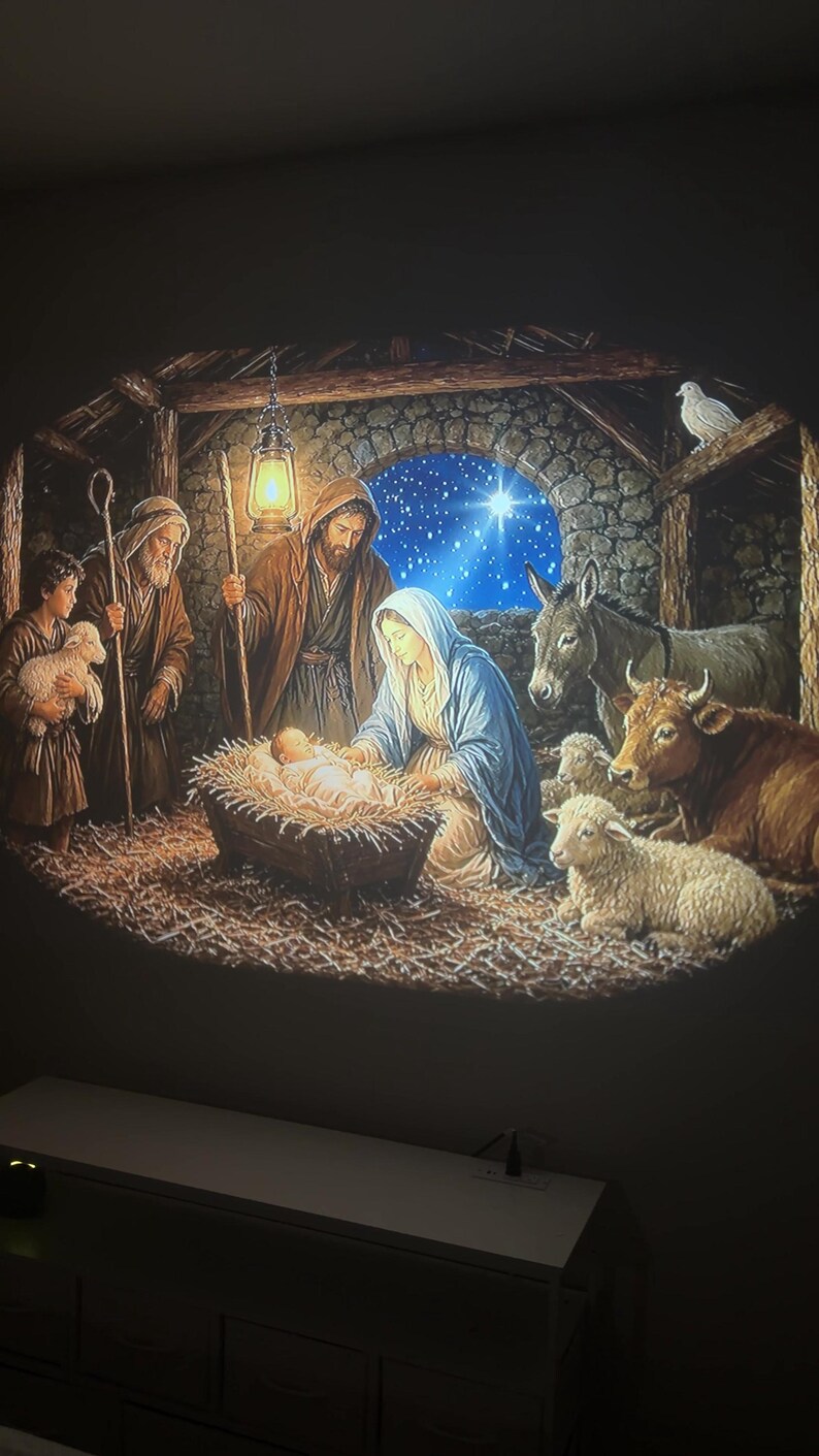 May include: A projection of a nativity scene featuring a central infant in a manger, a woman in a blue head covering, a man with a staff, a child holding a lamb, a donkey, a cow, and sheep. A glowing lantern hangs above, and a bright star shines in the background.