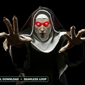 Gruselige Nonne – Halloween-Projektionsvideo, Dämonische Nonne mit roten Augen – Schreckmoment, Fensterprojektor-Loop, Gruselige Halloween-Deko, HD-Download Bild 1