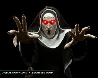 Gruselige Nonne – Halloween-Projektionsvideo, Dämonische Nonne mit roten Augen – Schreckmoment, Fensterprojektor-Loop, Gruselige Halloween-Deko, HD-Download