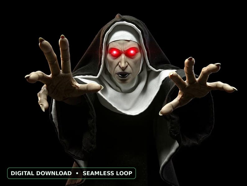 Gruselige Nonne – Halloween-Projektionsvideo, Dämonische Nonne mit roten Augen – Schreckmoment, Fensterprojektor-Loop, Gruselige Halloween-Deko, HD-Download Bild 1