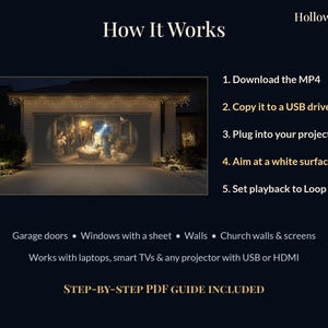 May include: A digital projection guide by HollowlightFX titled How It Works. It lists five steps for using an MP4 file on a projector, including downloading, copying to a USB, and looping. It shows a nativity scene projected onto a garage door.