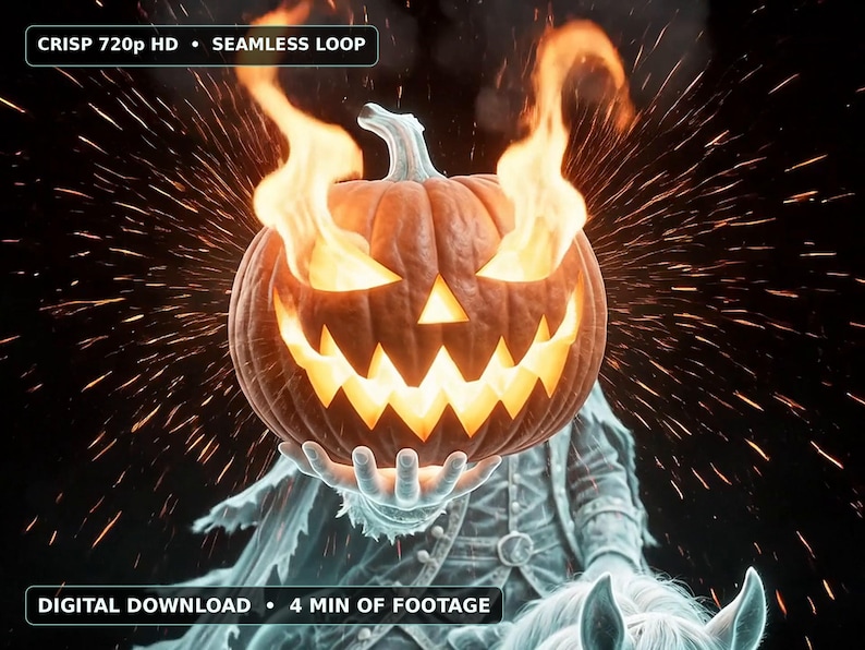 Headless Horseman Halloween Window Projection Video, Instant Download, Last Minute Halloween Decor, Seamless Projector Loop + 7 Bonus Clips image 1