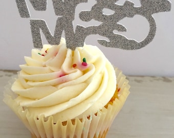 Mr & Mrs Cake Toppers, Wedding Cupcake Toppers, Wedding Decorations, Glitter (12) Bridal Shower Cupcake Toppers