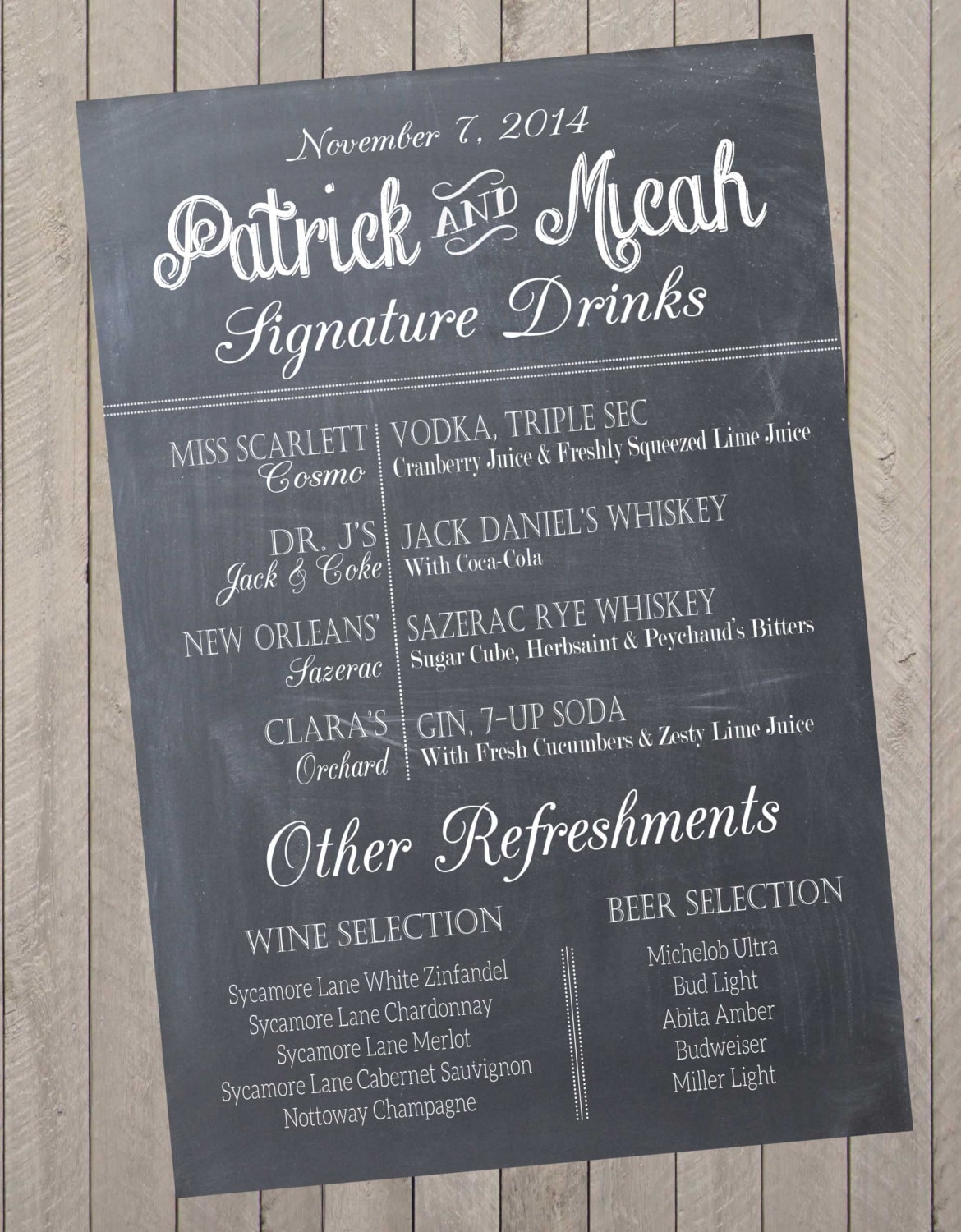 Signature Drink Wedding Reception Chalkprint Chalkboard Sign