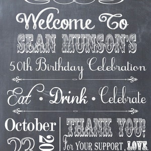 May include: Black and white chalkboard sign with the text "Welcome to Sean Munson's 50th Birthday Celebration Eat Drink Celebrate October 23 2013 Thank You! For your support, love, encouragement, and laughter."