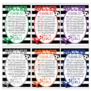May include: Six printable soccer survival kit cards with black and white striped backgrounds. Each card features a soccer ball, a player, and a list of candy and snacks with a fun soccer-themed description. The text on the cards reads "Soccer Survival Kit".