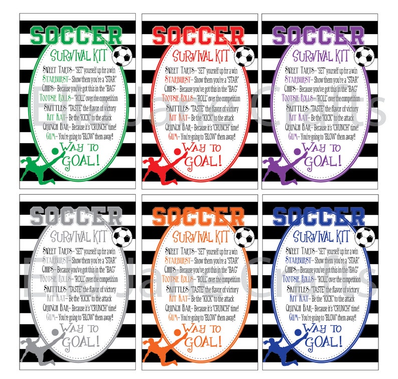 May include: Six printable soccer survival kit cards with black and white striped backgrounds. Each card features a soccer ball, a player, and a list of candy and snacks with a fun soccer-themed description. The text on the cards reads "Soccer Survival Kit".
