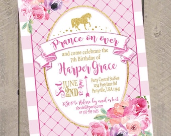 Horse Birthday Party Invitation, Cowgirl Party Invitation, Shabby Chic Horse Party Invitation, Flower Horse Printed Invitations Party