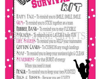 May include: A pink and white polka dot background with a black and white illustration of cheerleaders. The text "CHEERLEADER SURVIVAL KIT" is in black and white. The text below lists items and their purpose, such as "HAPPY FACE - To remind you to SMILE, SMILE, SMILE" and "GOOD LUCK".