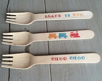 Choo Choo Train Themed Wooden Ice Cream Silverware Party Spoons or Forks (20)