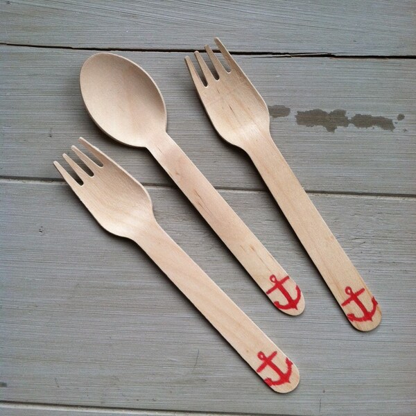 Anchors Away Nautical Boating Party Wooden Ice Cream Party Spoons or Forks-Customized in Your Color Choices (20)