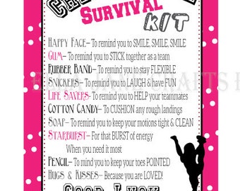 May include: A pink and white polka dot background with a black and white illustration of cheerleaders. The text "CHEERLEADER SURVIVAL KIT" is in black and white. The text below lists items such as "Happy Face", "Gum", "Rubber Band", "Snickers", "Life Savers", "Cotton Candy", "Soap", "Starburst", "Pencil", "Hugs & Kisses", and "Good Luck".