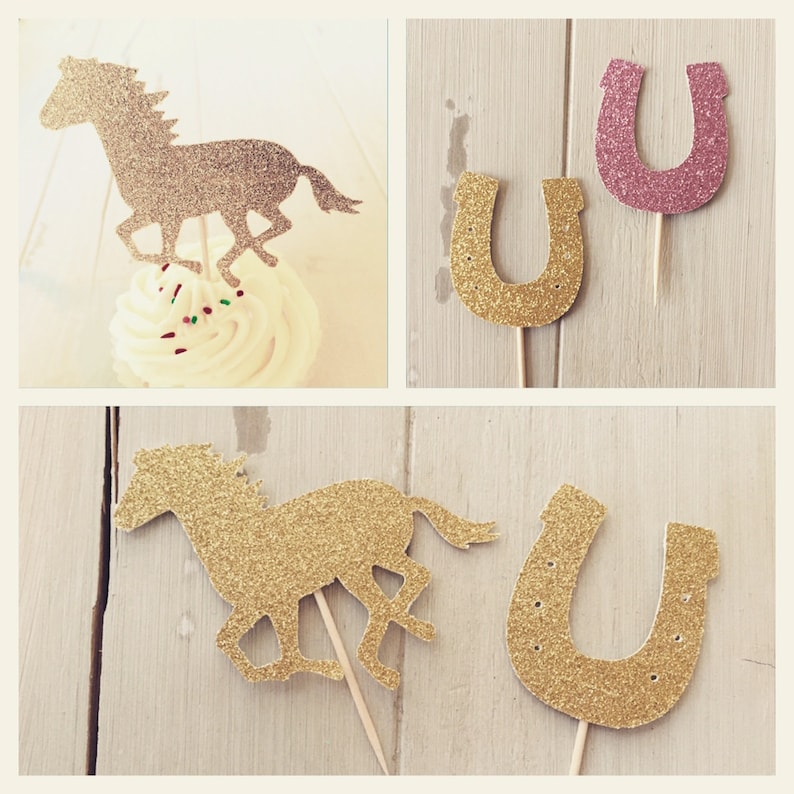 Glitter Horse Equestrian Cupcake Topper, Pony Cowgirl, Kentucky Derby Party Decorations, Mix of 12 Horse and Horseshoe Party Picks 