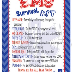 May include: A printable poster with a red and blue chevron pattern background. The poster features the text "EMS Survival Kit" in red and white letters. The poster lists a variety of candy names with a short description of why each candy is included in the kit. The poster also includes a blue and white star of life symbol.