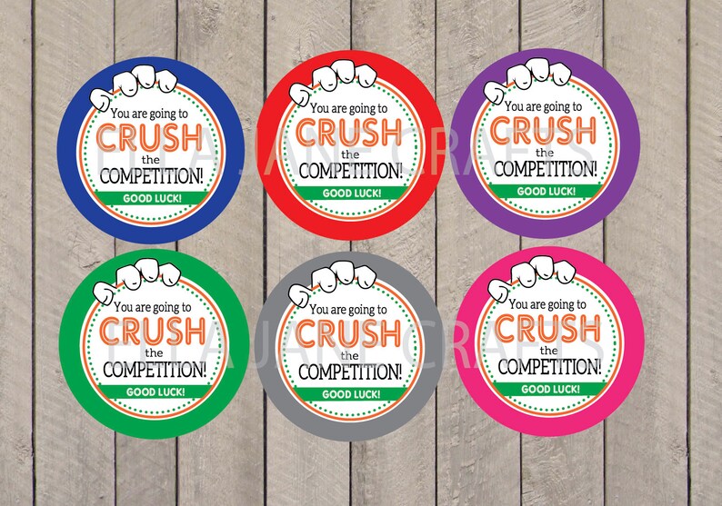 K&ouml;nnte beinhalten: Sechs runde Aufkleber mit einem gr&uuml;nen, orangefarbenen und wei&szlig;en Design. Die Aufkleber sagen "You are going to CRUSH the COMPETITION! GOOD LUCK!"