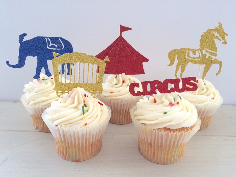 Glitter Circus Birthday Party Cupcake Topper, Circus Party Decorations, Mix of 10 Cake Topper Party Picks, 1st Birthday Party Vintage Circus image 3