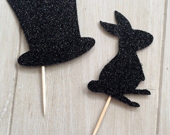 Magic Cupcake Toppers, Magic Party, Magic Birthday Cupcake Toppers, Mix of 12 Glitter Rabbit and Magic Hat