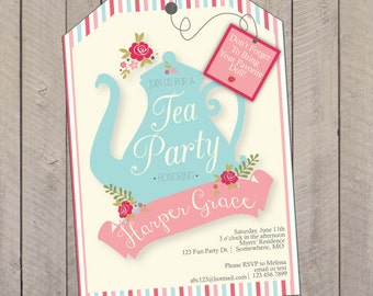 Tea Party Birthday Party Invitation, Tea Party Invitation, Doll Tea Party Invitation, Doll Printed Invitations