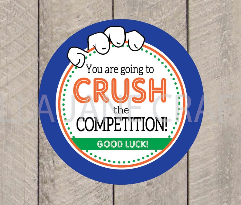 K&ouml;nnte beinhalten: Ein blauer Kreis mit einer wei&szlig;en Hand, die den Kreis h&auml;lt. Der Kreis hat einen wei&szlig;en Hintergrund mit gr&uuml;nen und orangefarbenen Punkten. Der Text "You are going to CRUSH the COMPETITION! GOOD LUCK!" ist in Orange und Schwarz geschrieben.