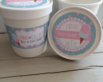 16oz Gender Reveal Hot or Cold Ice Cream Paper Party Favor Cups with Paper Lids and labels(12)