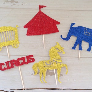 Glitter Circus Birthday Party Cupcake Topper, Circus Party Decorations, Mix of 10 Cake Topper Party Picks, 1st Birthday Party Vintage Circus image 2