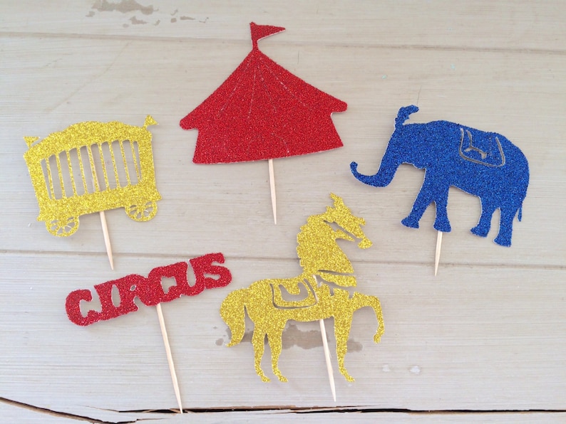 Glitter Circus Birthday Party Cupcake Topper, Circus Party Decorations, Mix of 10 Cake Topper Party Picks, 1st Birthday Party Vintage Circus image 2