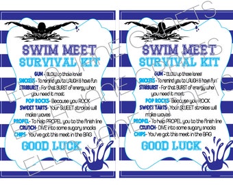 May include: A blue and white striped card with the text "Swim Meet Survival Kit" and a list of items, including gum, Snickers, Starburst, Pop Rocks, Sweet Tarts, Propel, Crunch, and Chips. The card also includes the text "Good Luck" and a cartoon image of a crab.