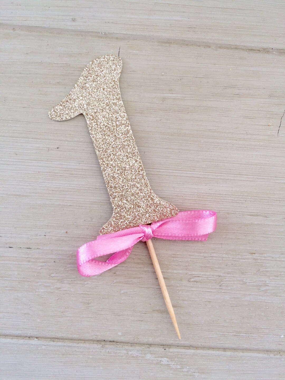 Gold Glitter Number One Cupcake Toppers, With Ribbon Bows- 1st Birthday ...