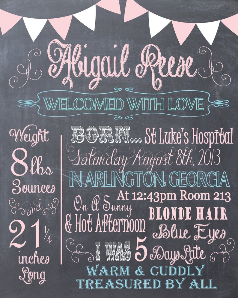 Newborn Birth Chalkboard Memory Baby Birth Stats Print Custom pdf file for Printing image 1