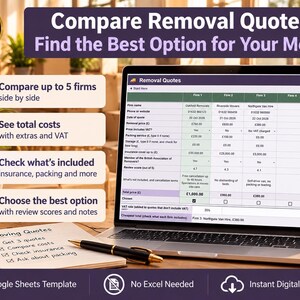 May include: A laptop displaying a Google Sheets template for comparing removal quotes, featuring a table with columns for five firms, pricing, and services. A notebook with a pen and a list of moving tasks sits in front of the screen.
