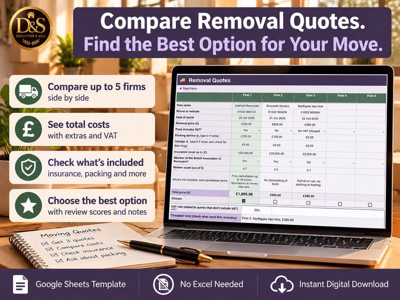 May include: A laptop displaying a Google Sheets template for comparing removal quotes, featuring a table with columns for five firms, pricing, and services. A notebook with a pen and a list of moving tasks sits in front of the screen.