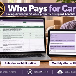 May include: A digital care cost planning template displayed on a laptop and tablet. The screen shows a spreadsheet titled Who Pays for Care with columns for topics, savings limits, and monthly affordability checks including costs, income, and shortfalls.
