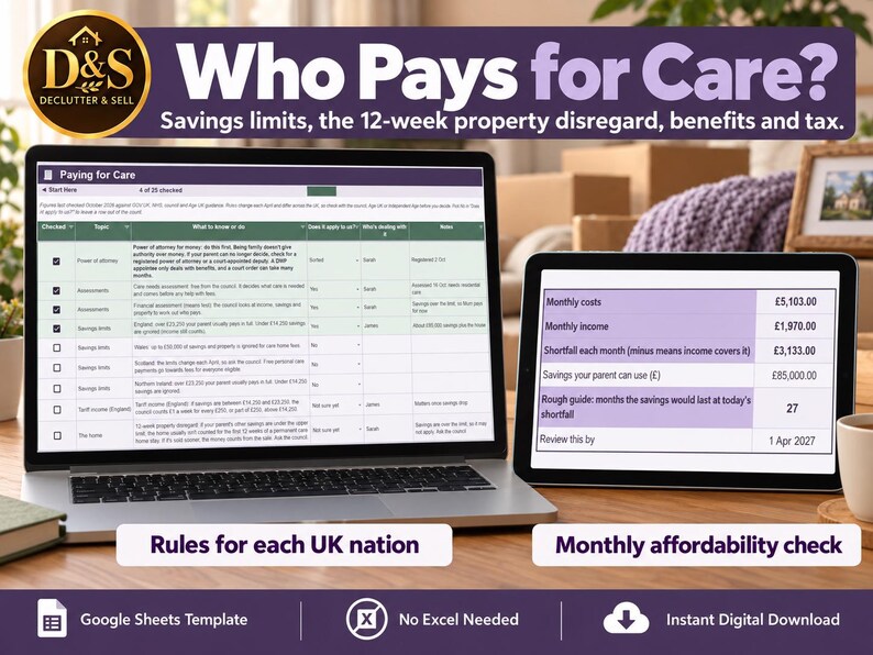 May include: A digital care cost planning template displayed on a laptop and tablet. The screen shows a spreadsheet titled Who Pays for Care with columns for topics, savings limits, and monthly affordability checks including costs, income, and shortfalls.